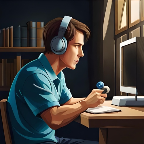 Un jugador detrás de su ordenador con los auriculares puestos sin su habitación