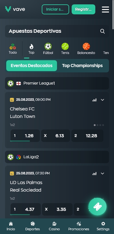 Captura de pantalla de la aplicación móvil en la pestaña Apuestas deportivas