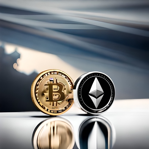 Un trozo de BTC y otro de ETH sobre un escritorio